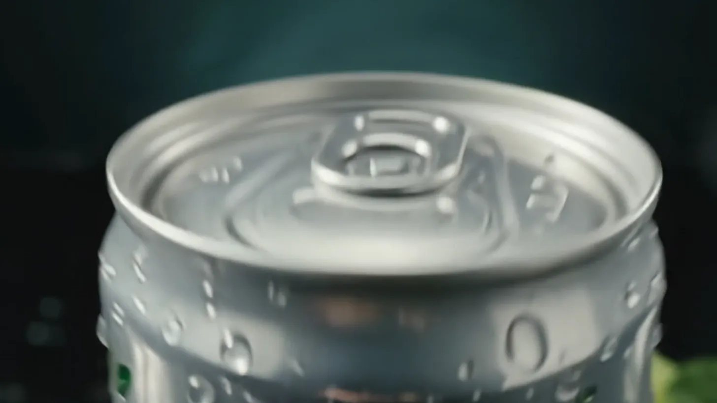 The top of a chilled aluminium can beaded with condensation