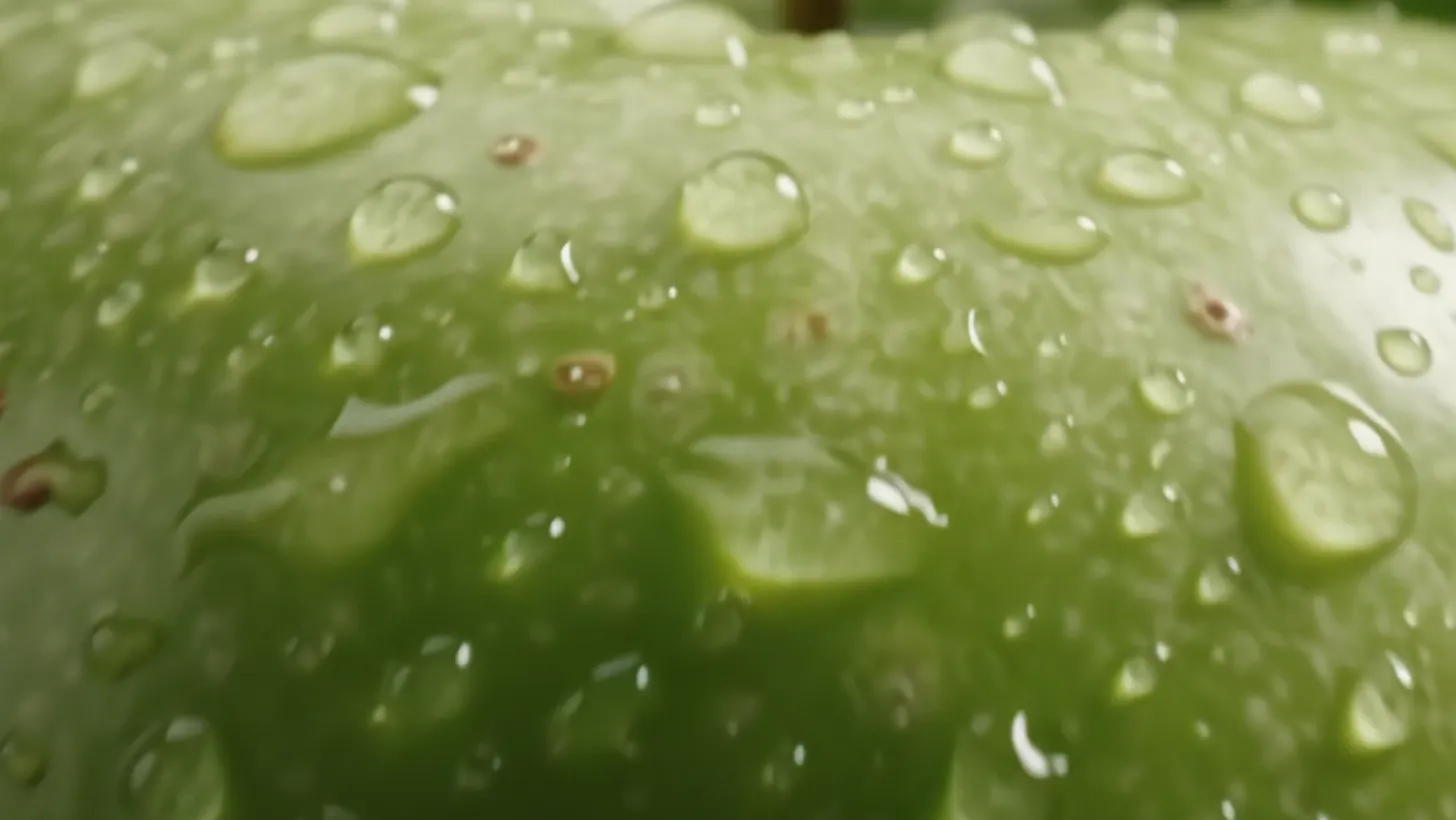 A Granny Smith apple beaded with water