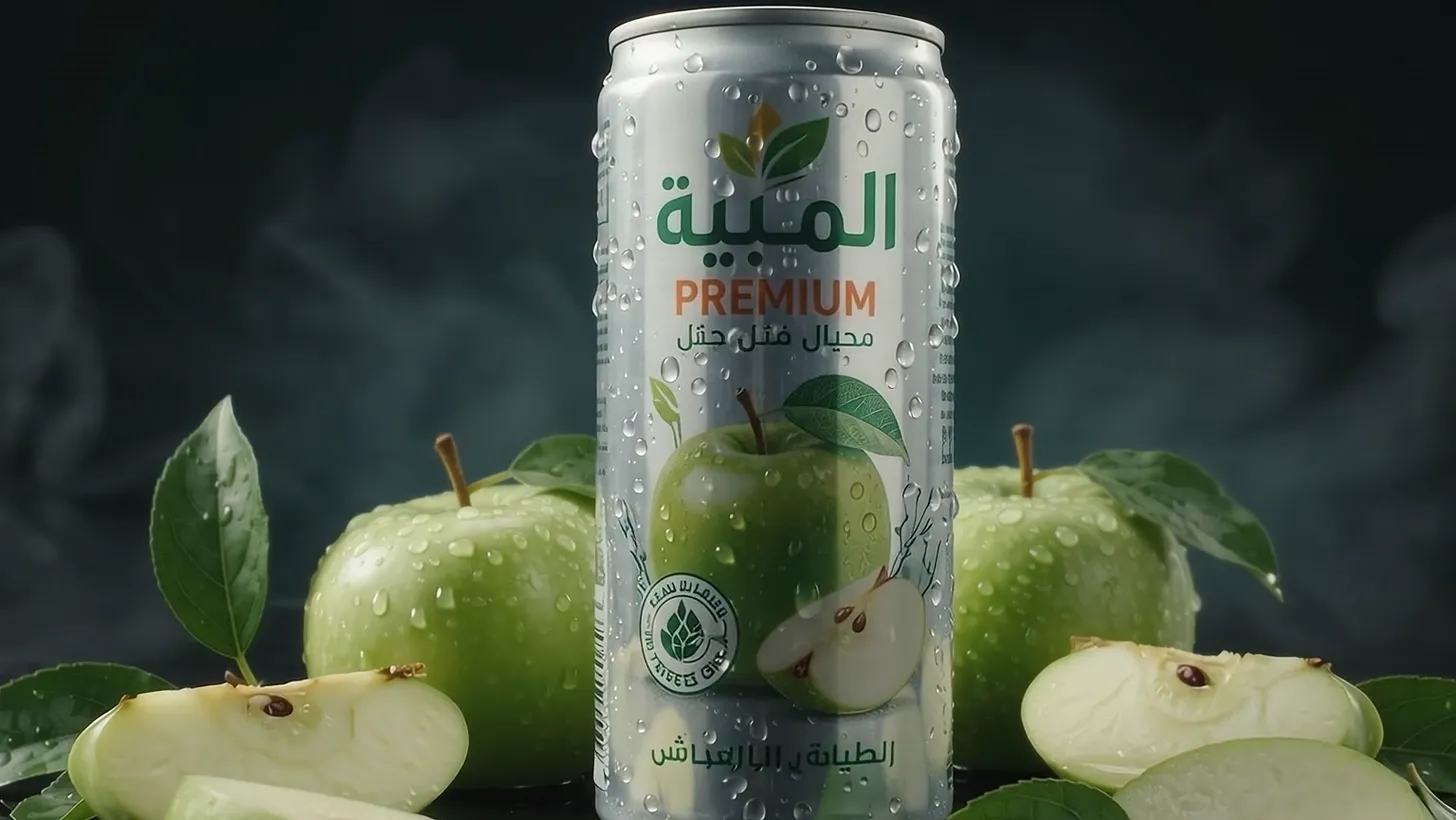 A can of Tuffah sparkling green apple standing among fresh apples in cold mist