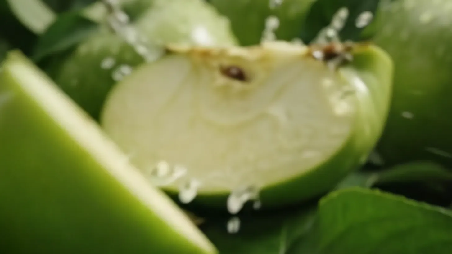A halved green apple among leaves, juice splashing