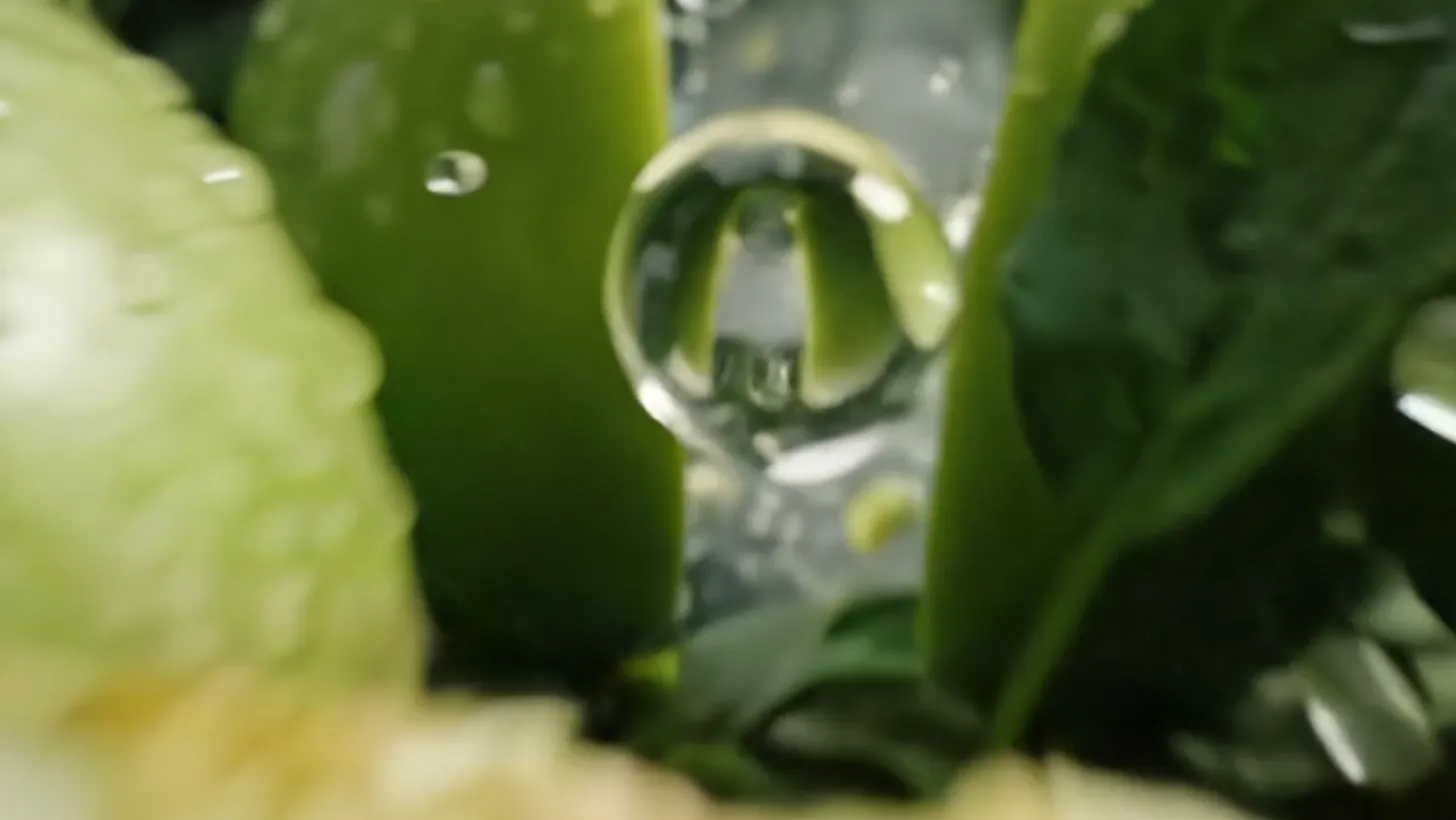 A water droplet held between apple slices and leaves
