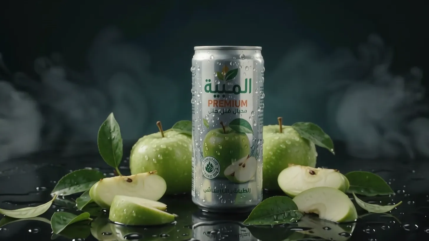 The can standing among cut green apples on a wet black surface