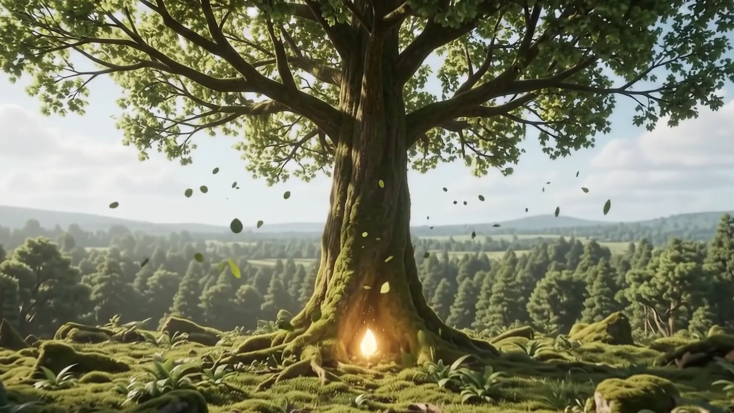 A great tree standing over a green valley under a clear sky