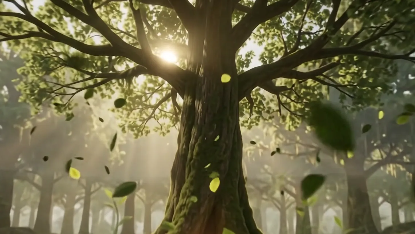 Sunlit trunks and falling leaves in a young forest