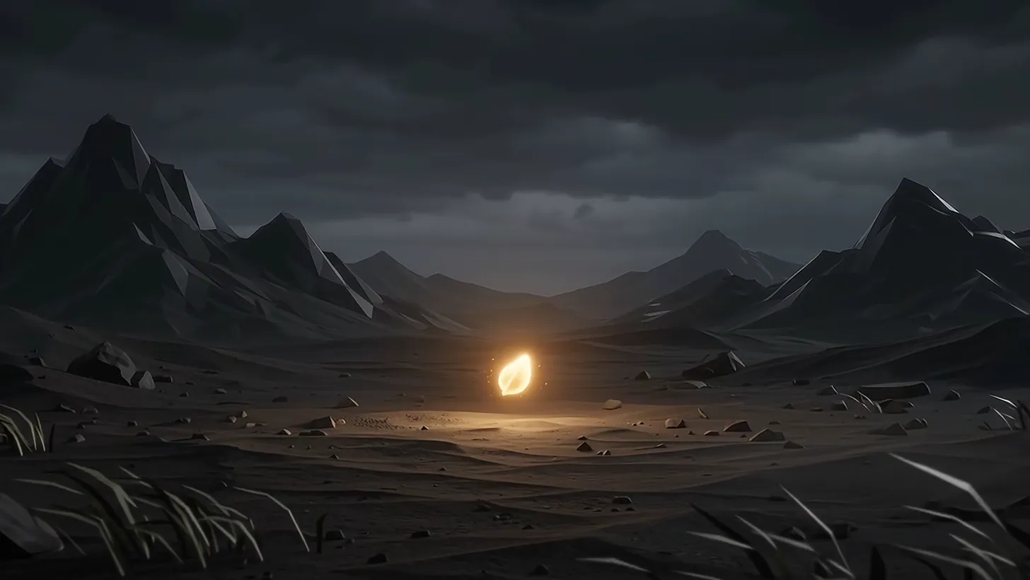 A single glowing seed on a dark, burnt plain beneath mountains