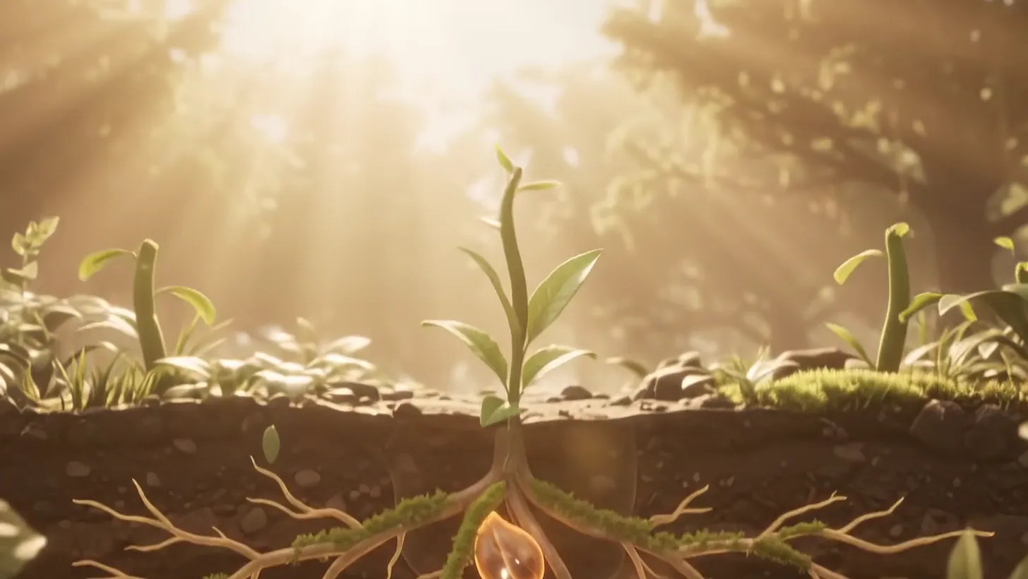 A green sprout breaking the surface in warm morning light