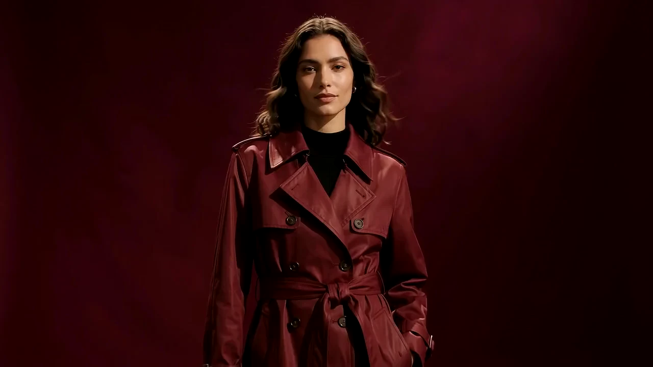 Model wearing the Merlot Trench from the front