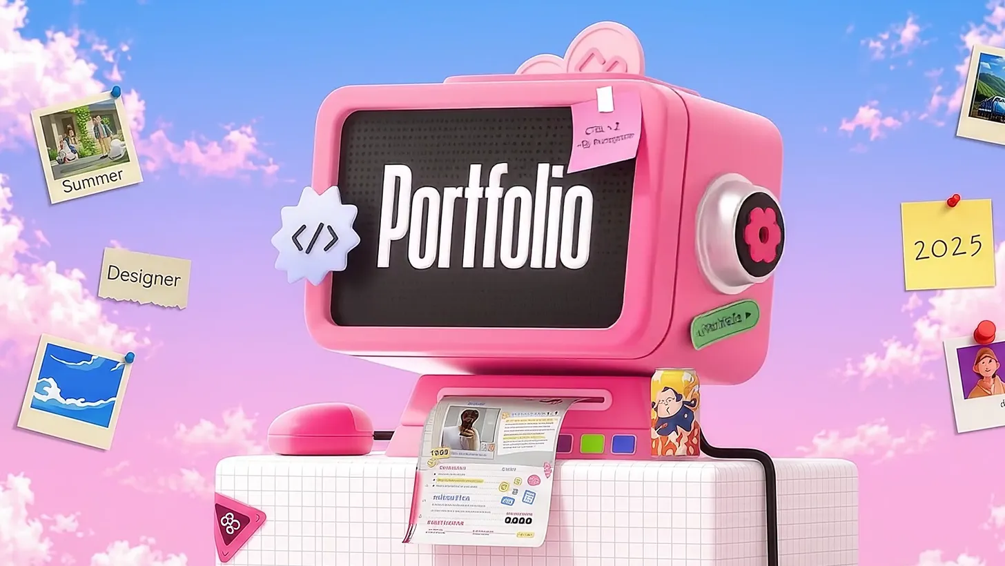 The pink 3D computer that stars in Ines's studio reel, floating in candy clouds