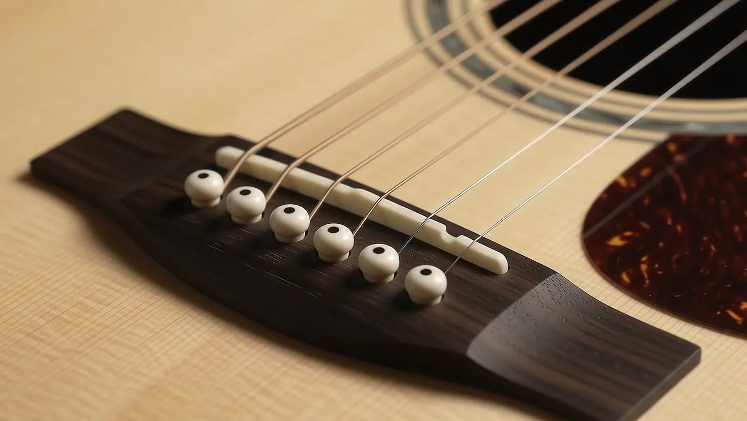 Ebony bridge with bone saddle and bridge pins on the spruce top