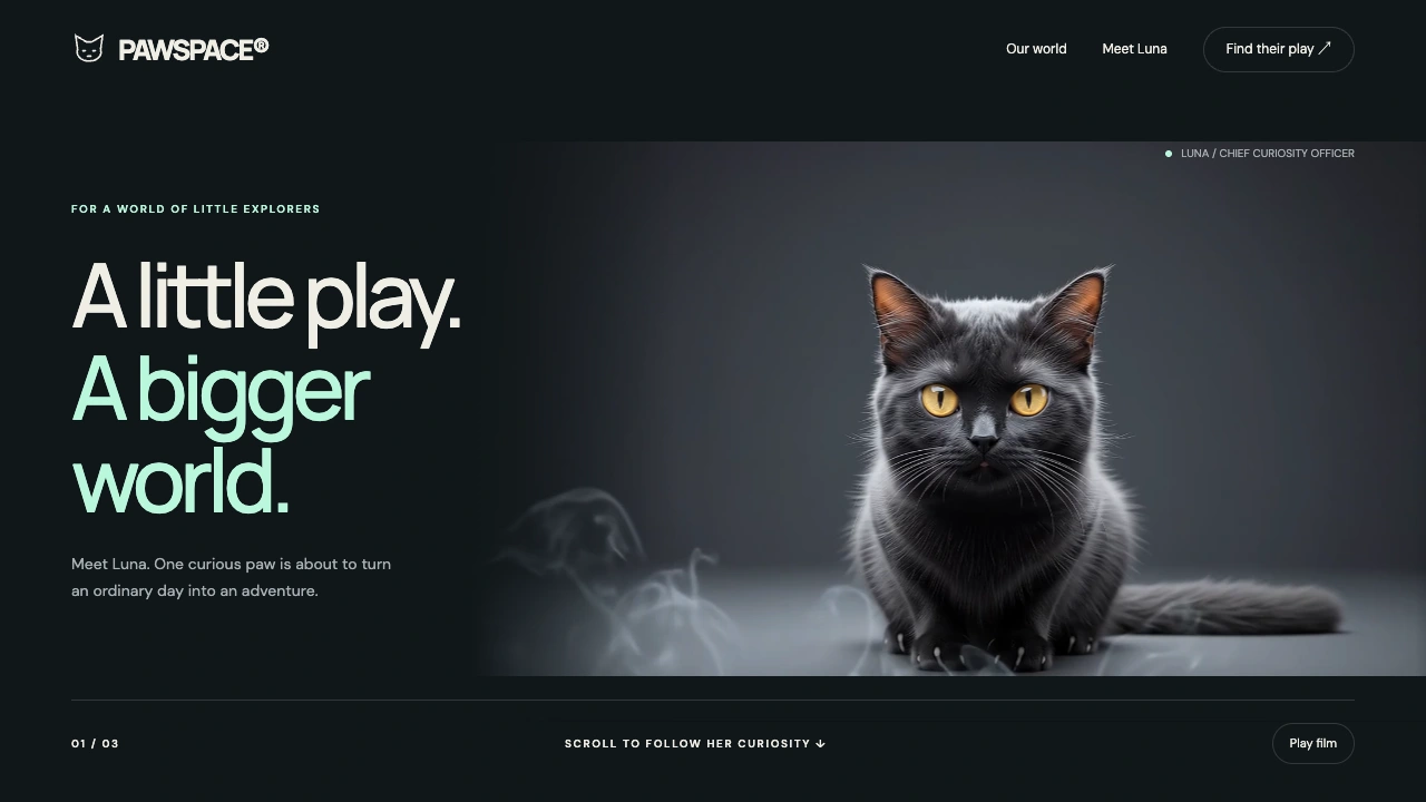 Pawspace cat website with a pointer-responsive visual scene